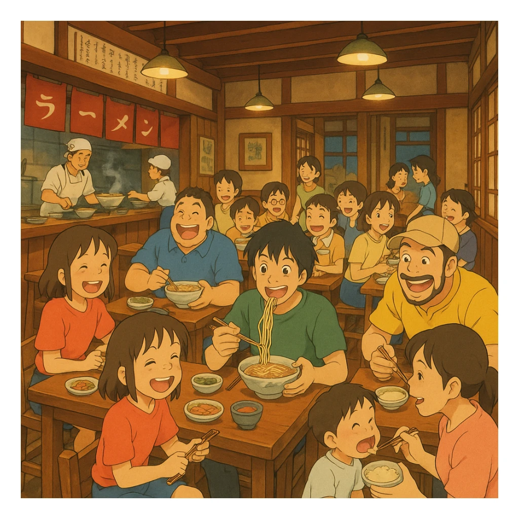 bustling anime restaurant scene with many cheerful customers, dynamic composition, Studio Ghibli style sticker