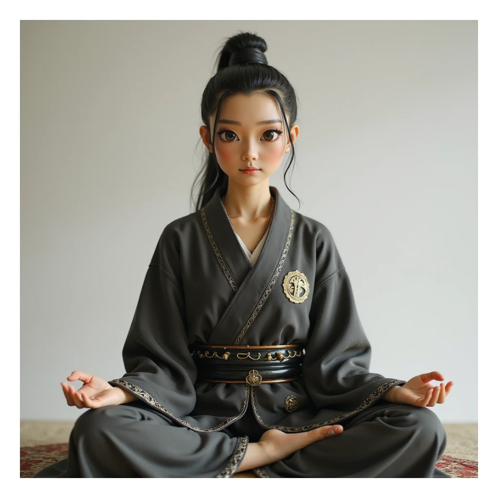 realistic AI chatbot with a meditative, disciplined presence, blending samurai and Buddhist philosophy with modern aesthetics, calm focused eyes, contemporary clothing with subtle traditional motifs, peaceful background, aura of wisdom and self-mastery sticker