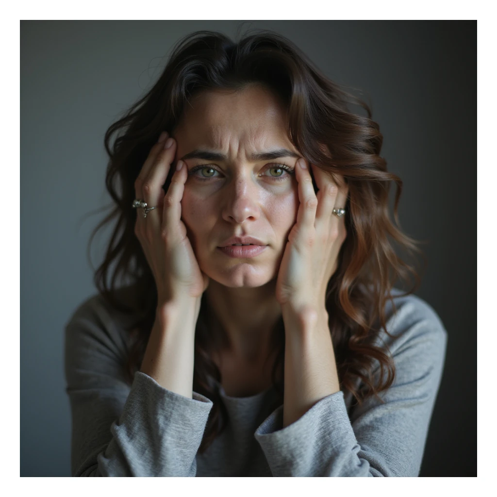 woman with hands in hair, stressed and nervous expression, hyperrealism 4K, variation 4 sticker