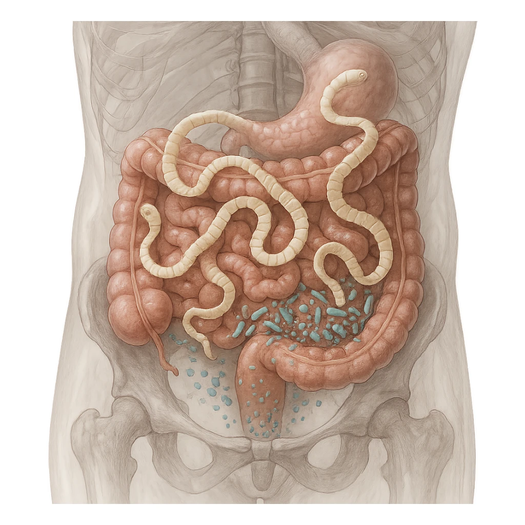 realistic transparent abdomen showing tapeworms and blastocystis in direct competition, disrupted nutrient and microbiome flow, medical illustration sticker