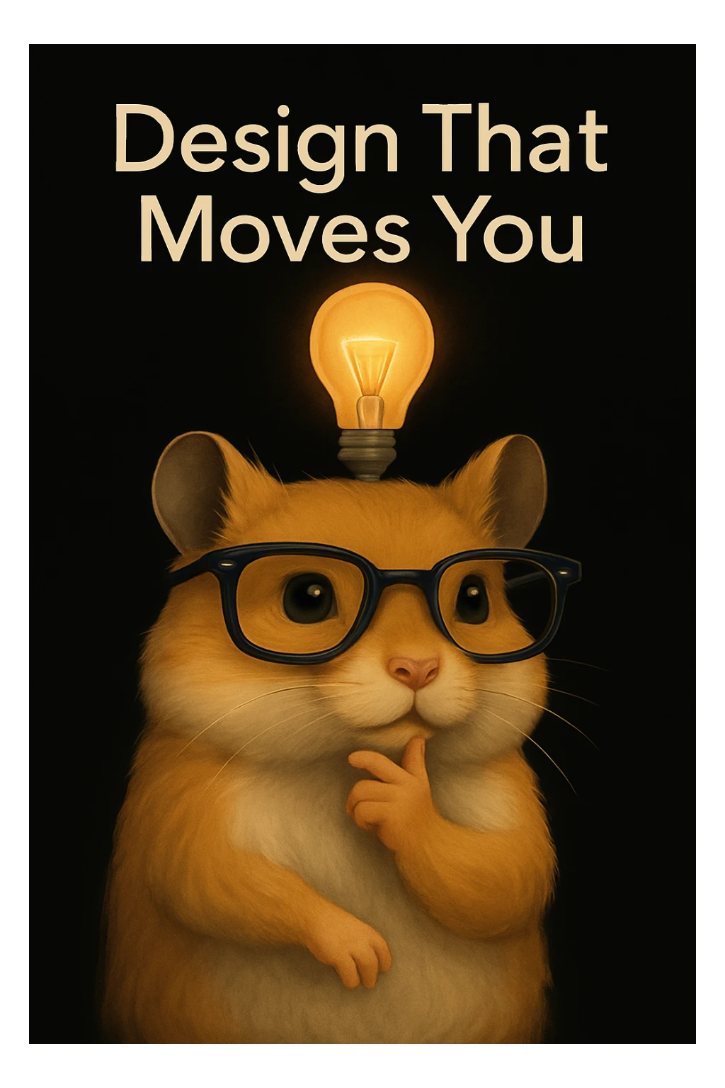 Add the text 'Design That Moves You' in a modern, clean font above or beside the modern, semi-realistic hamster with cool glasses and a lightbulb on a solid black background. Maintain the modern, semi-realistic style of the hamster with cool glasses and a lightbulb as in the reference image. sticker