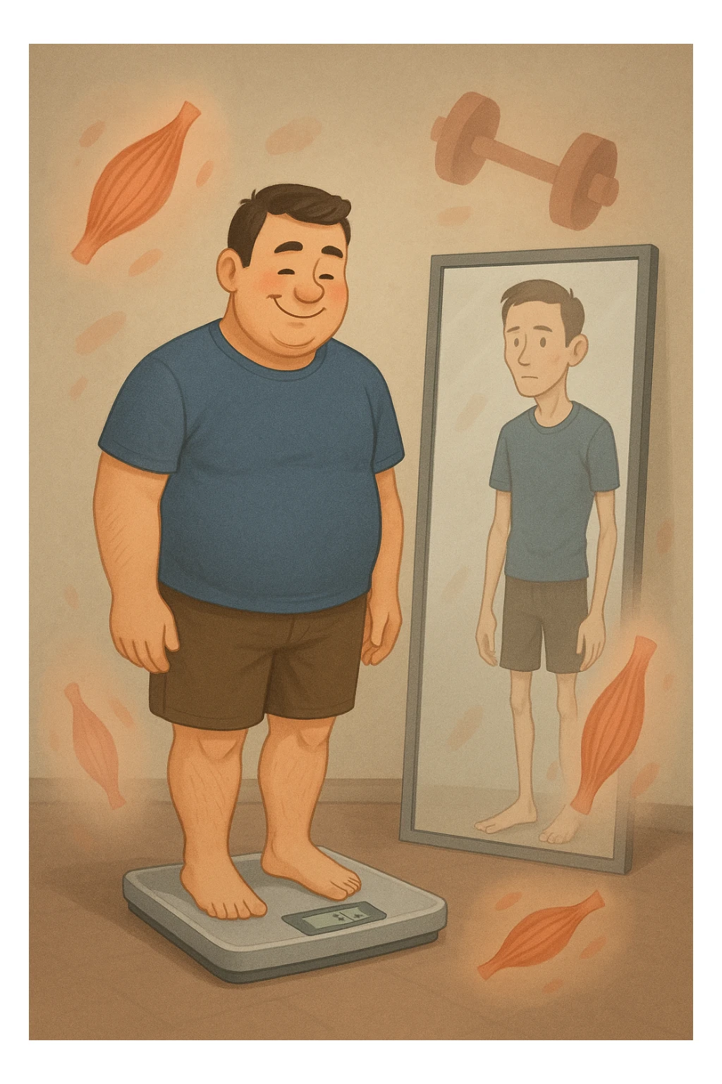 a man stands on a scale, smiling at the lower number, but his reflection in a nearby mirror shows a thinner, but also visibly weaker and less muscular body. Around him, floating icons or faded images of muscle fibers and dumbbells highlight the overlooked loss of muscle mass. The mood is cautionary and educational. in italiano sticker