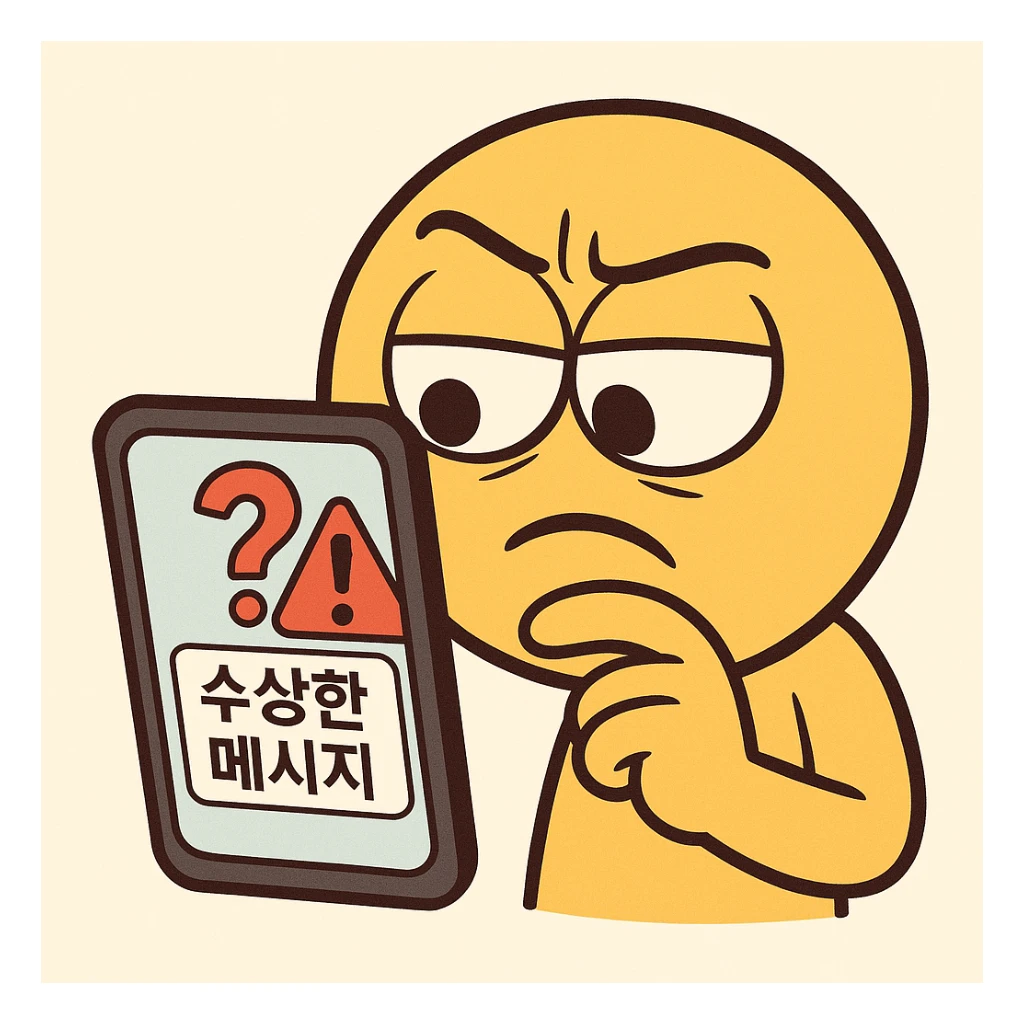curious slightly suspicious cartoon emoticon character squinting at a smartphone screen, phone screen displays a message preview with clear Korean text '수상한 메시지' or '경고!', overlaid with a prominent question mark and a red exclamation mark icon, flat design, simple, bright colors, isolated on a light pastel background, static, 360x360px, RGB, 72dpi+, PNG format sticker