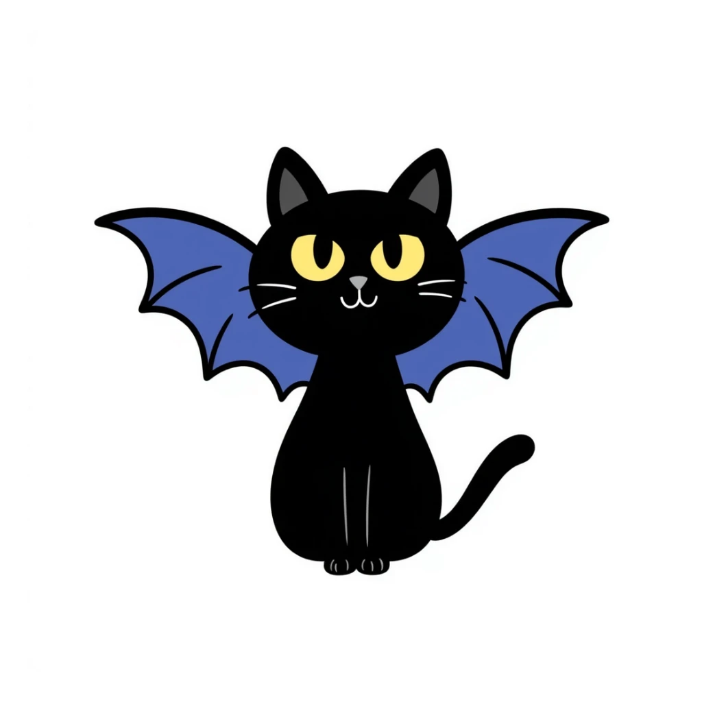 black cat with blue bat wings and glowing yellow eyes sticker