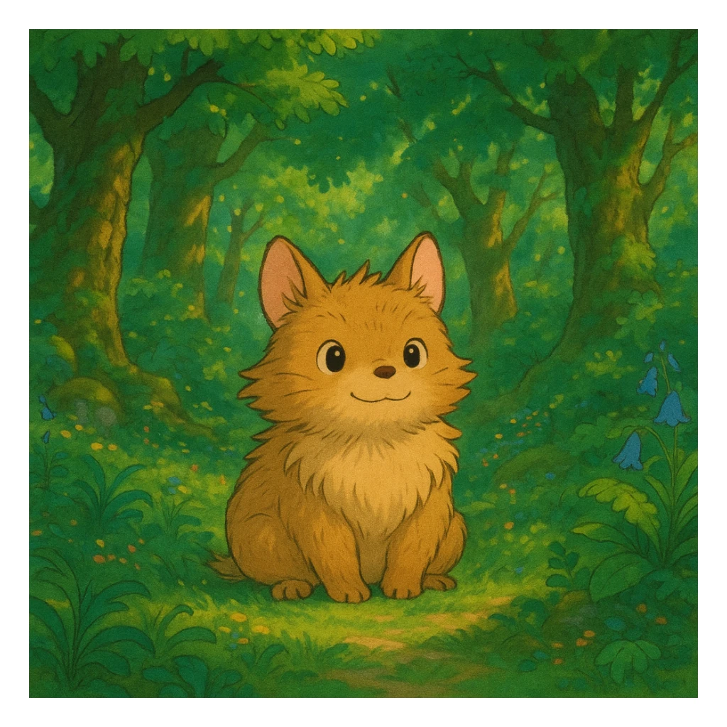 whimsical furry animal in a magical forest, ghibli style sticker