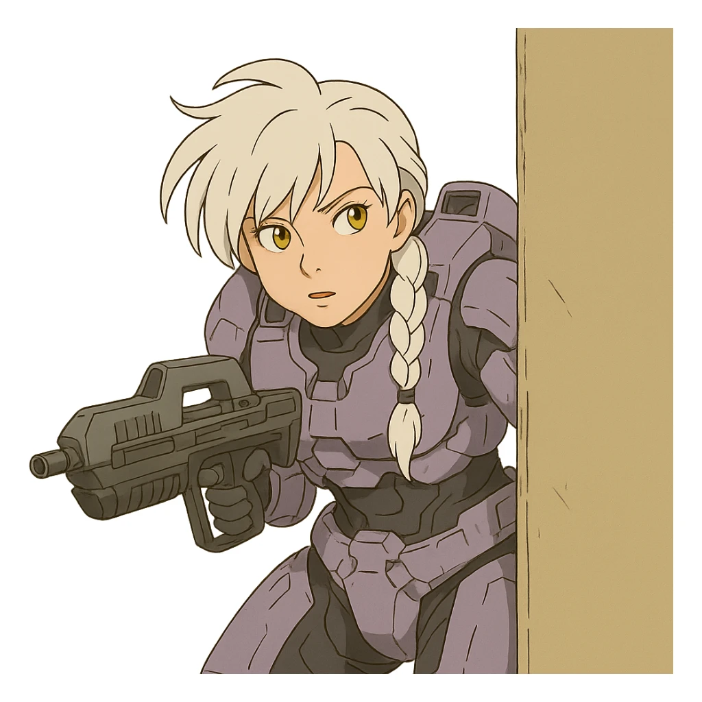 female, wearing reach spartan armor default, long white braid hair with massive messy front side single bangs, gold yellow eyes, attention pose, HALO:series, no helmet, the armor is lavender color scheme, shoulder pad off. DDD bust size fitting. Punk gothic cyberpunk, peeking around a corner while aiming a classic HALO1 AR sticker
