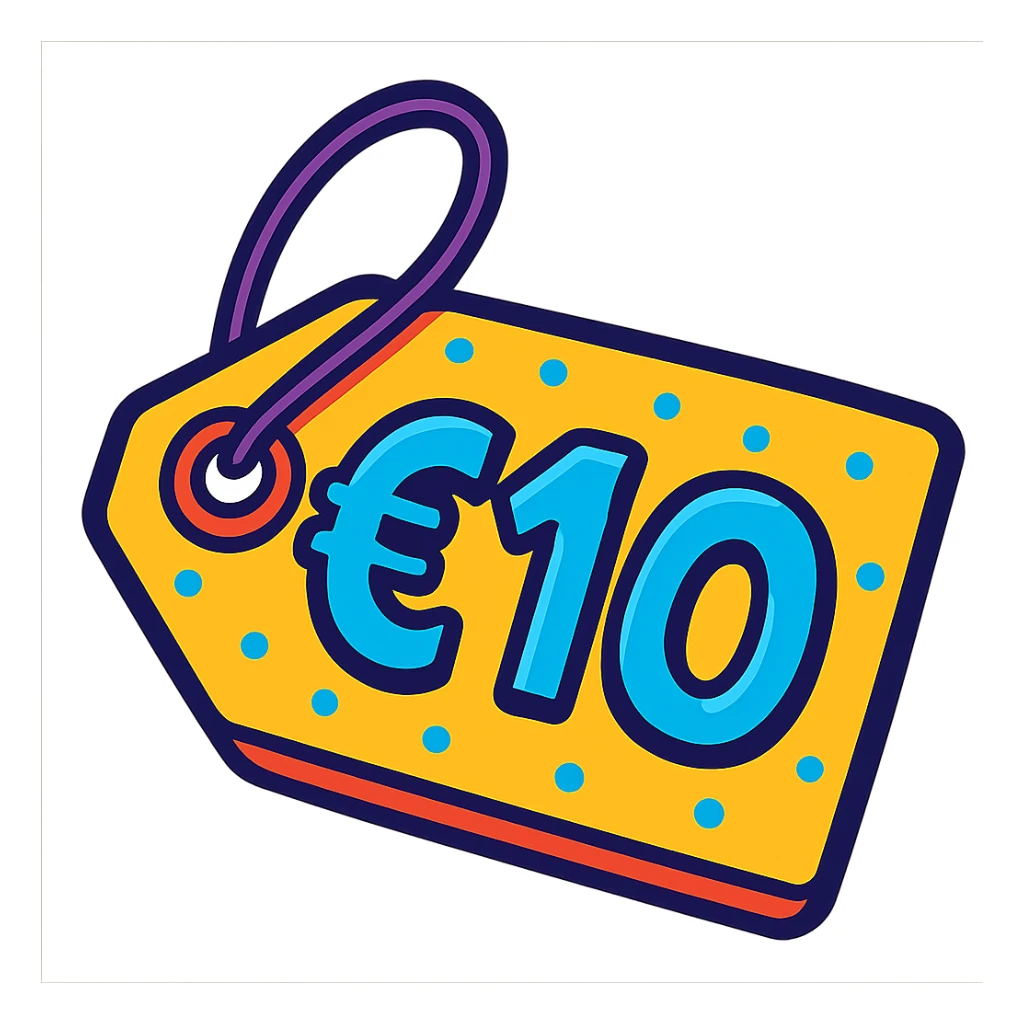 price tag with €10, playful and colorful look sticker
