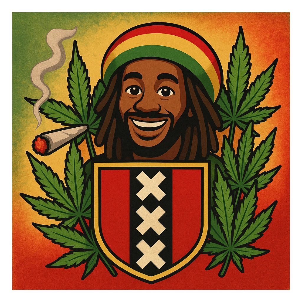 Create a digital illustration of a Rasta man with a friendly expression, wearing a red, gold, and green tam (Rastafarian hat), with dark brown skin and dreadlocks. Place him inside a bold, stylized Amsterdam coat of arms flag. The flag should have red, black, and gold tones with three white Xs in a vertical black stripe in the center. Surround the coat of arms with vibrant green cannabis leaves, a smoking spliff with rising smoke on the left side, and a textured reggae-colored background blending green, gold, and red. The style should be vintage, bold, and clean — like a high-quality reggae poster with modern emoji art flair. sticker