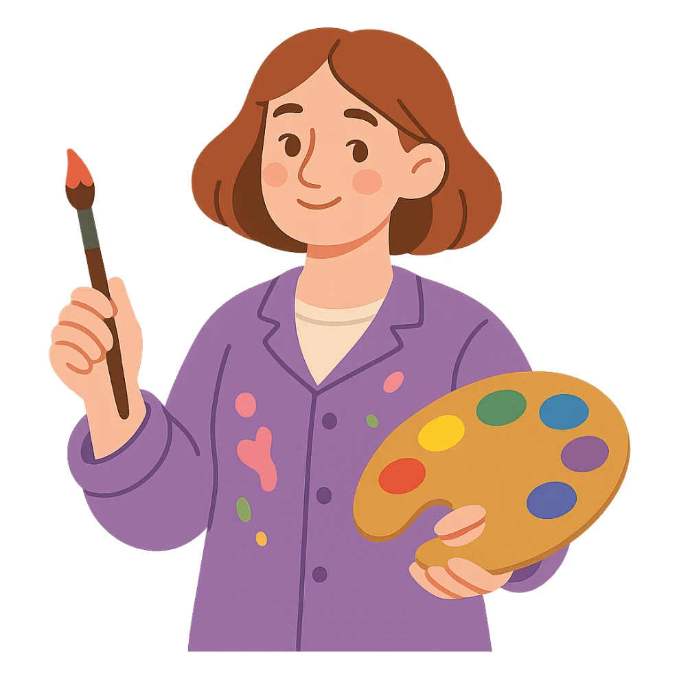 Serene female oil painter, Caucasian features, shoulder-length auburn hair, soft brown eyes, gentle smile, wearing a violet painter’s smock lightly stained with paint over a beige blouse, holding a wooden palette with vibrant colors in one hand and a brush in the other, waist-up, front-facing sticker
