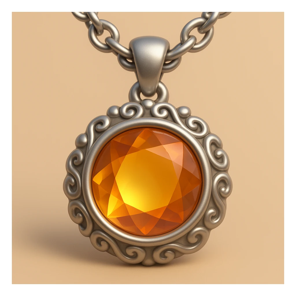 Make it 3d-emoji style: Add a silver chain or ornate setting to the round cut holographic amber charm, keeping the extreme close-up and original style sticker