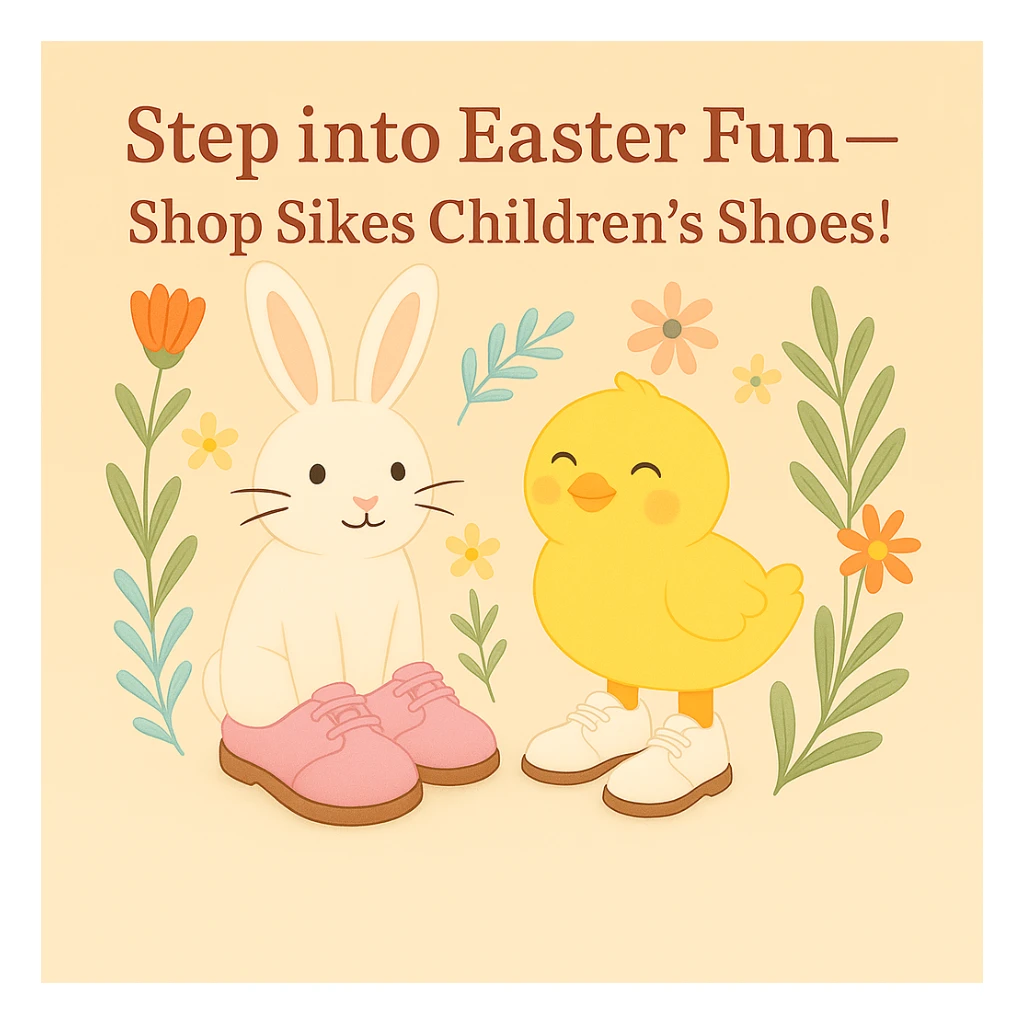 Edit the Easter-themed Instagram post so the rabbit is wearing pink shoes. The chick should keep the classic white lace-up children's shoes. Keep the pastel background, floral accents, and the headline: 'Step into Easter Fun—Shop Sikes Children’s Shoes!'. No logo present. sticker