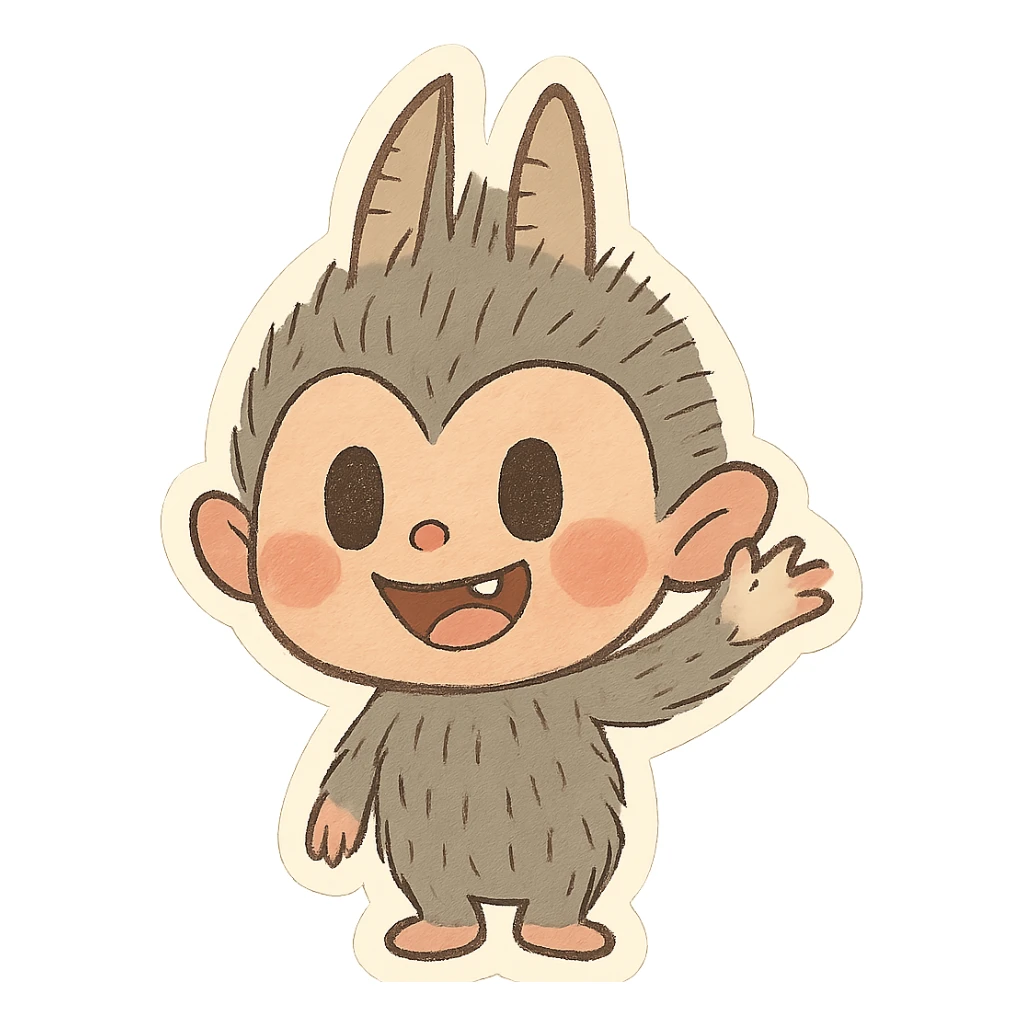 Labubu character, waving, cheerful, simple background sticker