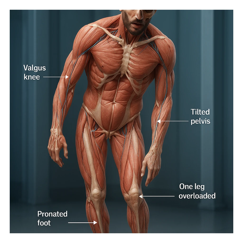Create a hyperrealistic 4K anatomical view of a man in a similar pose to the reference image. Highlight knee valgus, tilted pelvis, one leg overloaded, and pronated foot. Show bones, joints, and muscles in transparency with realistic anatomical details in a medical atmosphere. sticker
