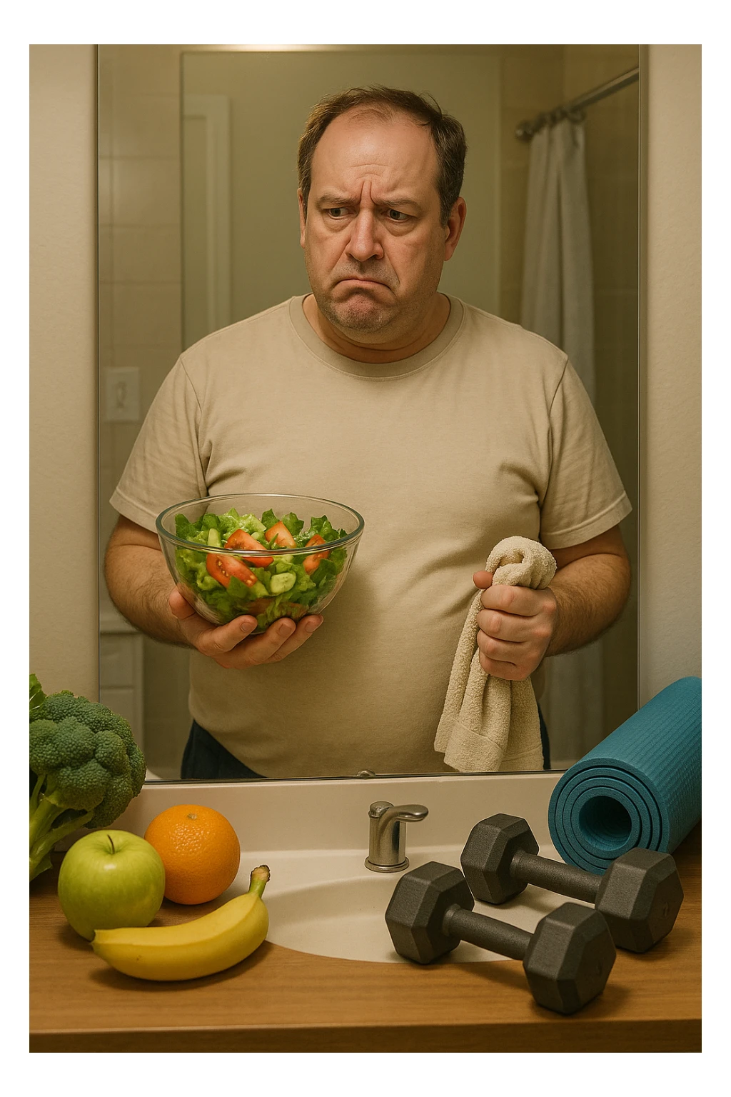 a middle-aged man stands in front of a bathroom mirror, looking at his reflection with a puzzled and slightly frustrated expression. He holds a salad bowl in one hand and a gym towel in the other, surrounded by healthy food and workout gear, yet his body remains overweight. The background is a typical home bathroom, softly lit, emphasizing confusion and self-reflection. sticker
