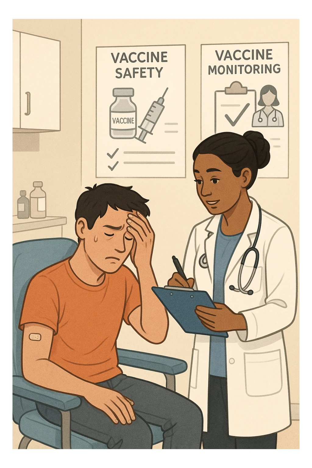 Vertical, educational medical illustration: a healthcare professional observes a patient who appears unwell after receiving a vaccine. The patient sits in a clinic chair, showing mild symptoms such as fatigue or headache, while the professional takes notes and offers reassurance. The background includes educational posters about vaccine safety and monitoring. realistica sticker