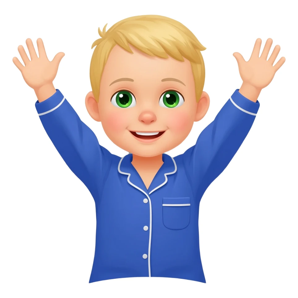 Use the same 3 year old blonde boy with green-blueish eyes, it should be the same boy as before  happy with plain blue pajamas raising both arms up, on the bed, the bed should be gray sticker