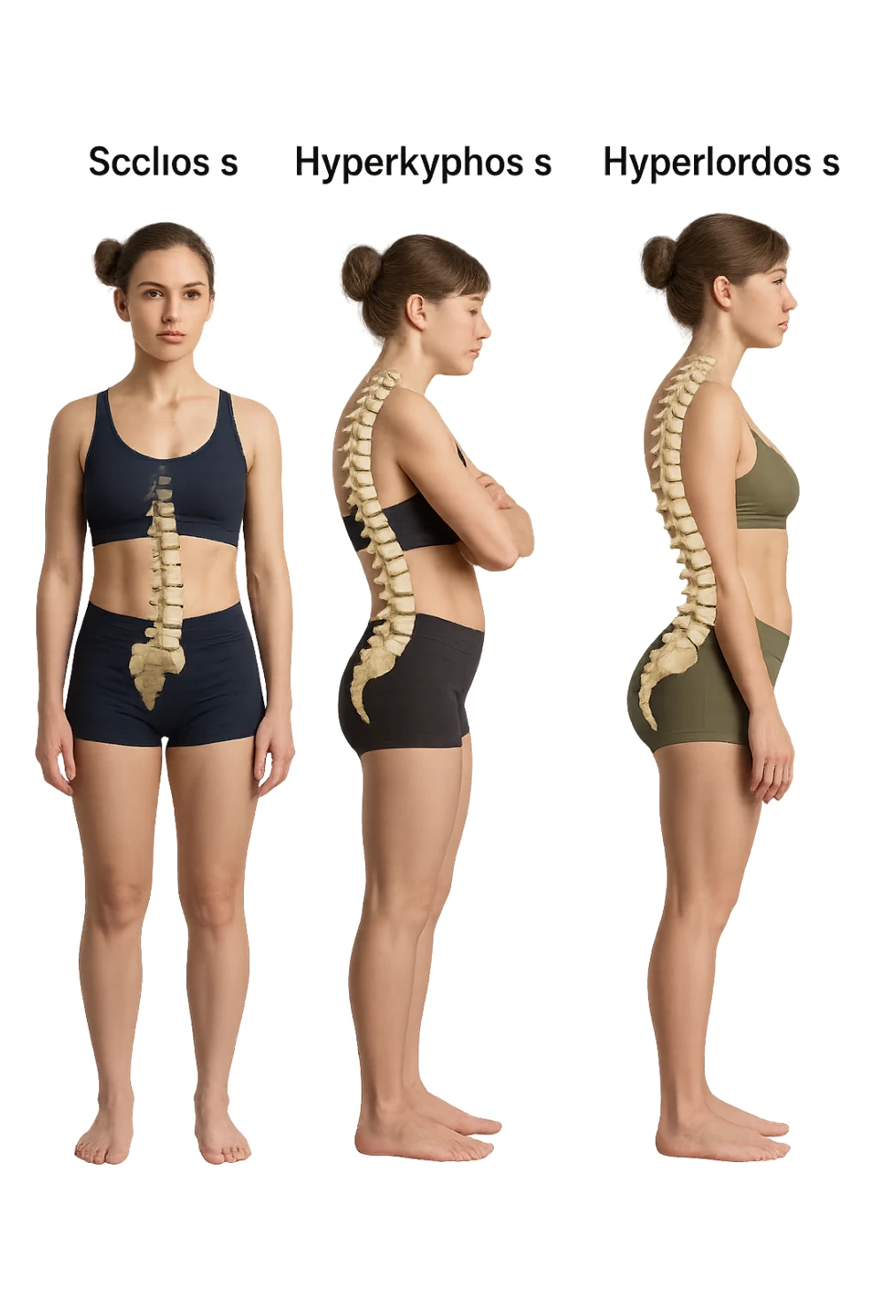 fai un immagine identica che riguarda 3 posture scorrette: scoliosi, ipercifosi e iperlordosi. falla iperrealistica anatomica in 4k con spina dorsale storta in evidenza su ogni figura sticker