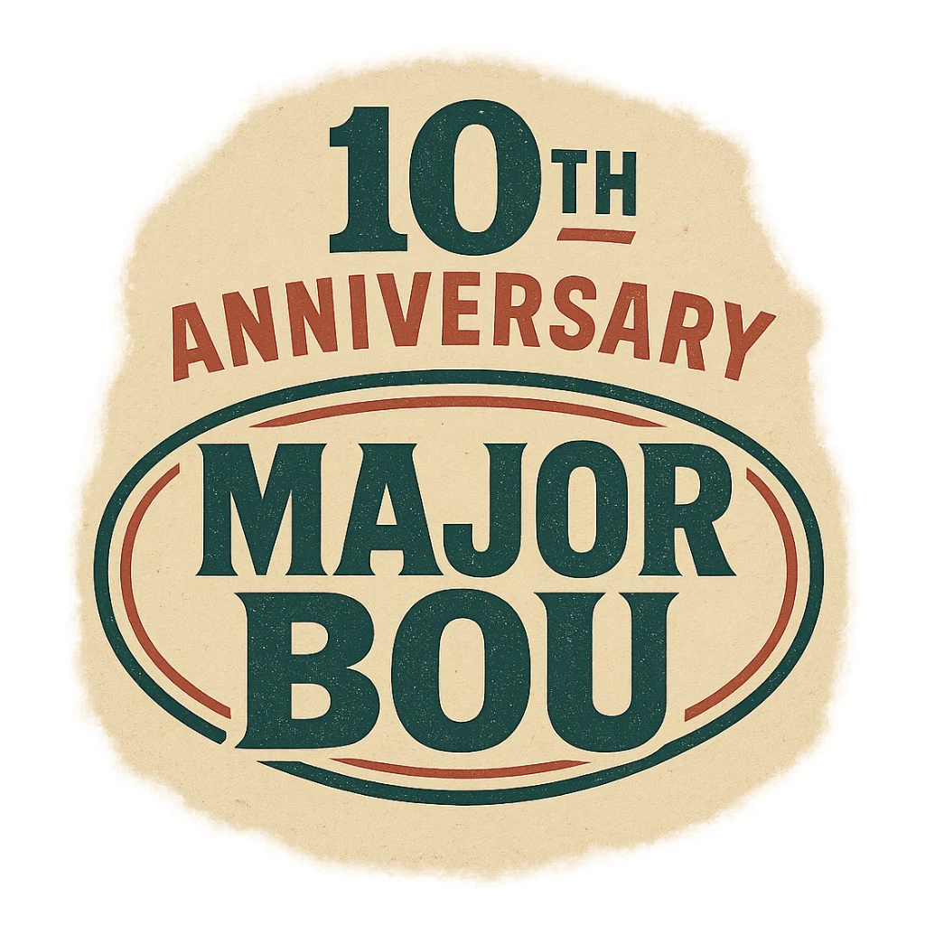Retro-style 10th anniversary logo for Major Bou with bold typography and vintage colors sticker