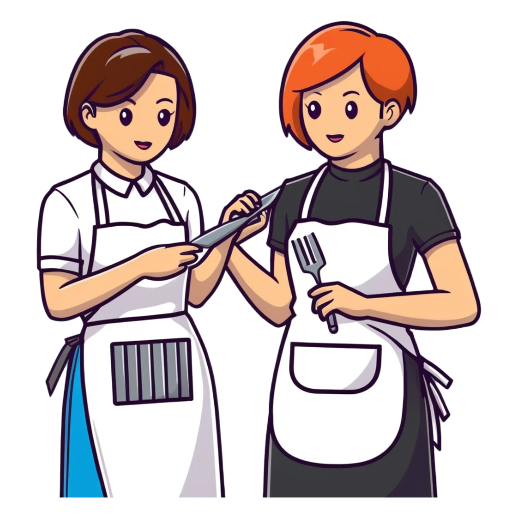 stylist with apron demonstrating haircut on mannequin to student sticker
