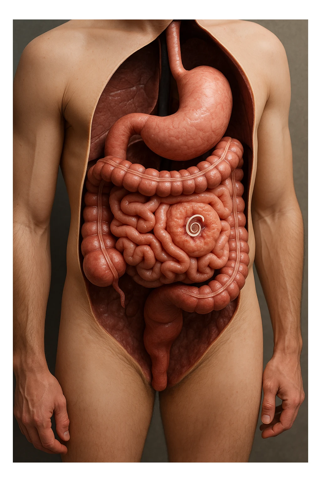 a 3D cutaway view of the human digestive tract, showing an Anisakis larva attached to the intestinal wall. in a man sticker