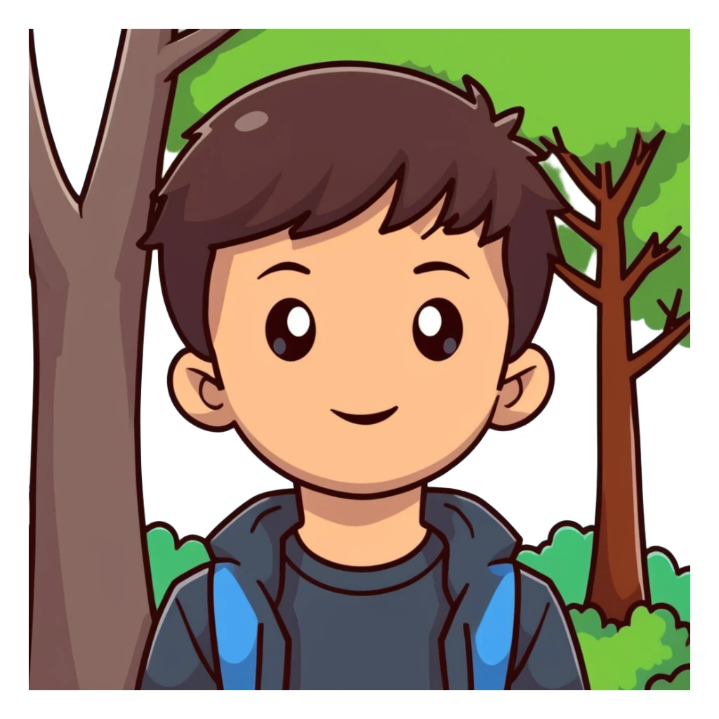 boy with straight brunette hair brown eyes and tree behind sticker
