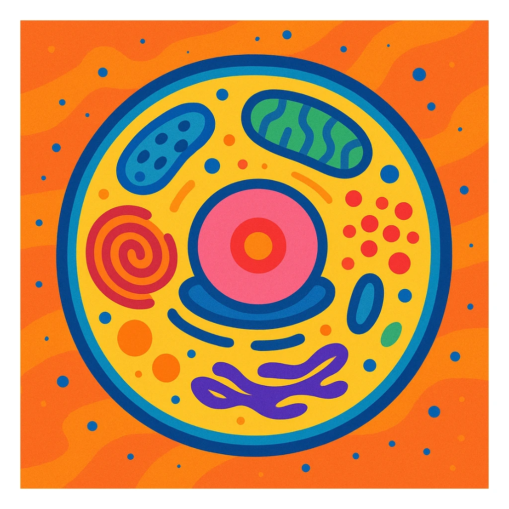 stylized cell illustration with organelles, artistic and abstract, vibrant colors sticker