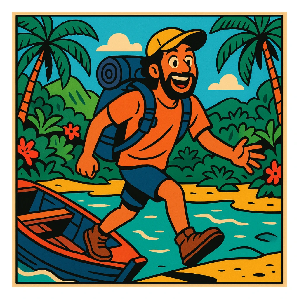 comic book panel 1: a Bali nomad arrives at the island, stepping off a boat with a backpack, excited expression, lush tropical background, vibrant comic book style sticker