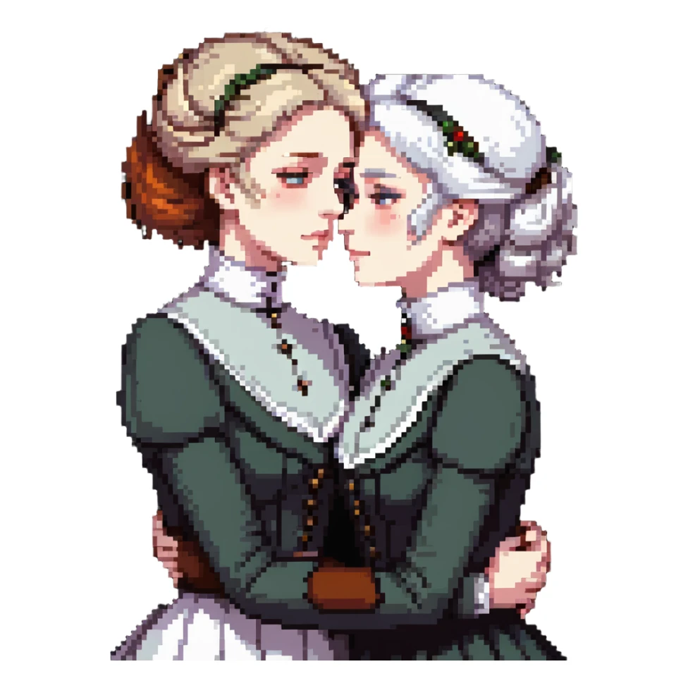Two Victorian women with light eyes, one with bright pure white coiffed hair and one with dark copper coiffed hair, wearing Victorian turtleneck dresses, embracing tightly in an extremely sad, intimate hug sticker