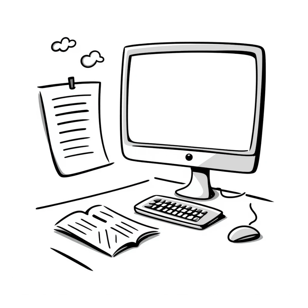 Simple workspace with computer and notes in organized layout sticker