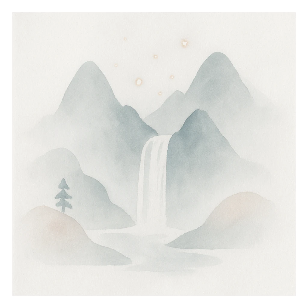 mystical mountain landscape with a waterfall and magical lights, watercolor fantasy style sticker