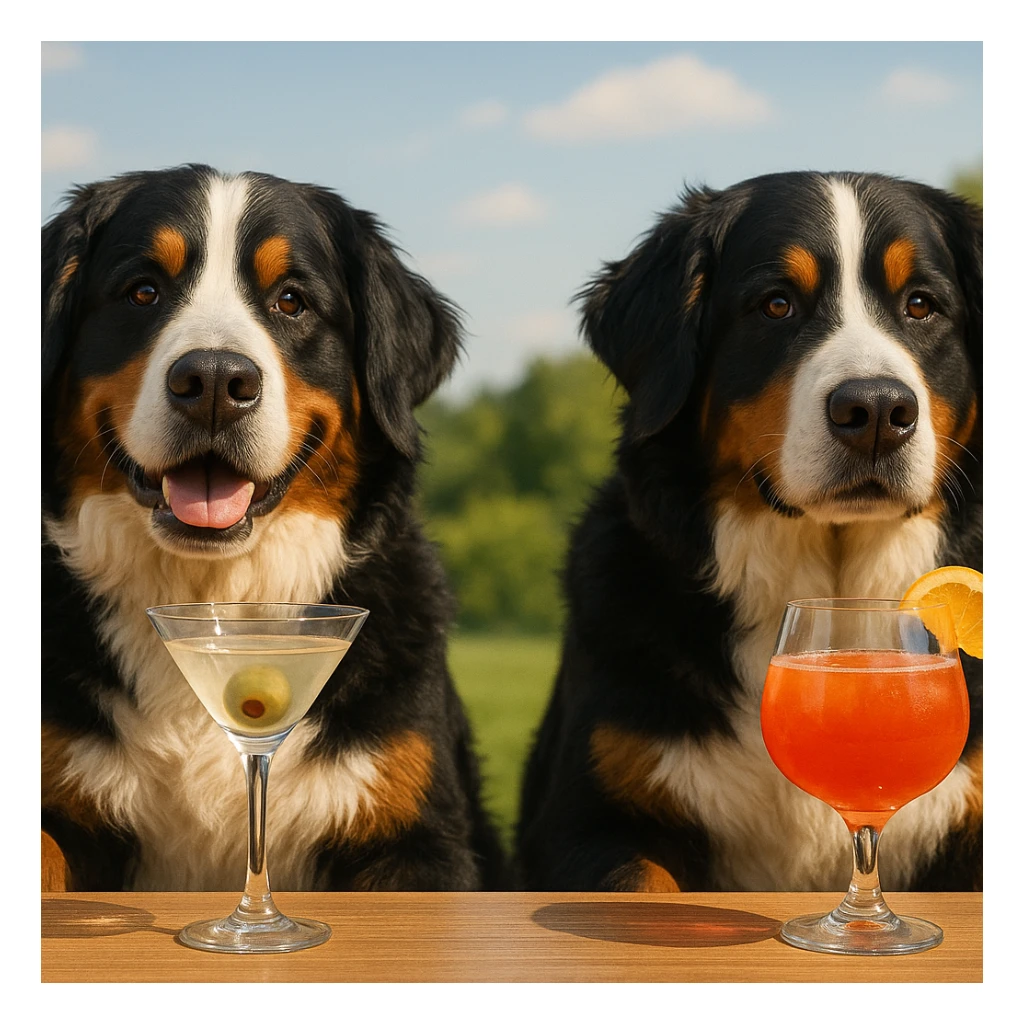 two Bernese mountain dogs with cocktail glasses, enjoying drinks, wide scene, 1950x640 sticker