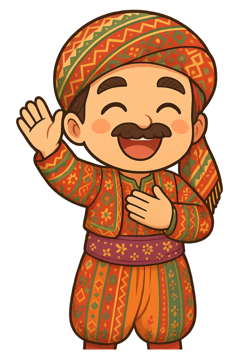 Create a cartoon Kurdish sticker in the same style and mood as the reference image: a happy and smiling face, traditional Kurdish clothing, colorful and cheerful, no text, suitable for WhatsApp and Instagram, with a transparent background. The character should be in a greeting pose with hand raised or hand on chest. sticker