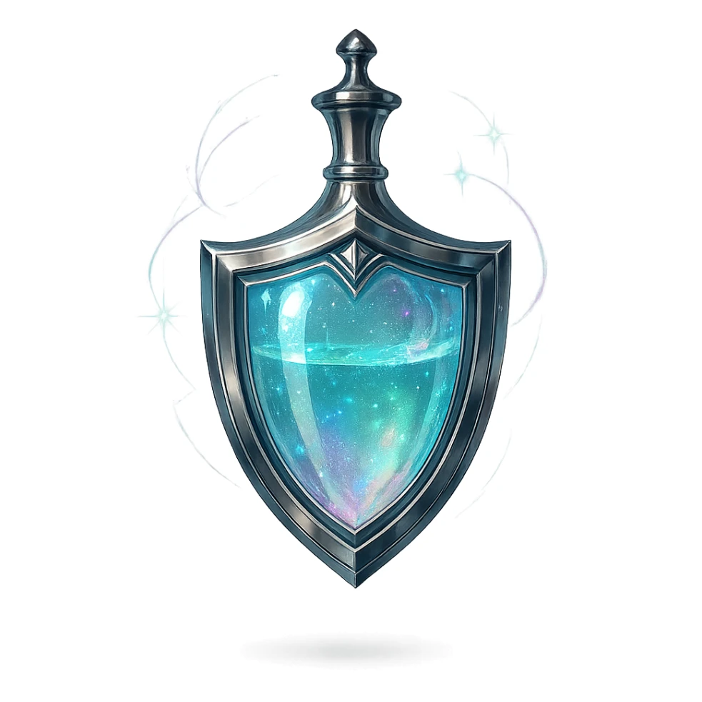 prabangus eliksyro buteliukas, skydo forma, elegantiškos spalvos, sidabrinės ir holografinės detalės, daug magiškų efektų, labai mažas kaklelis, vientisas dugnas, skaidrus fonas, buteliukas plūduriuoja ore, be pagrindo ar šešėlio, modernus, kolekcijai tinkamas sticker