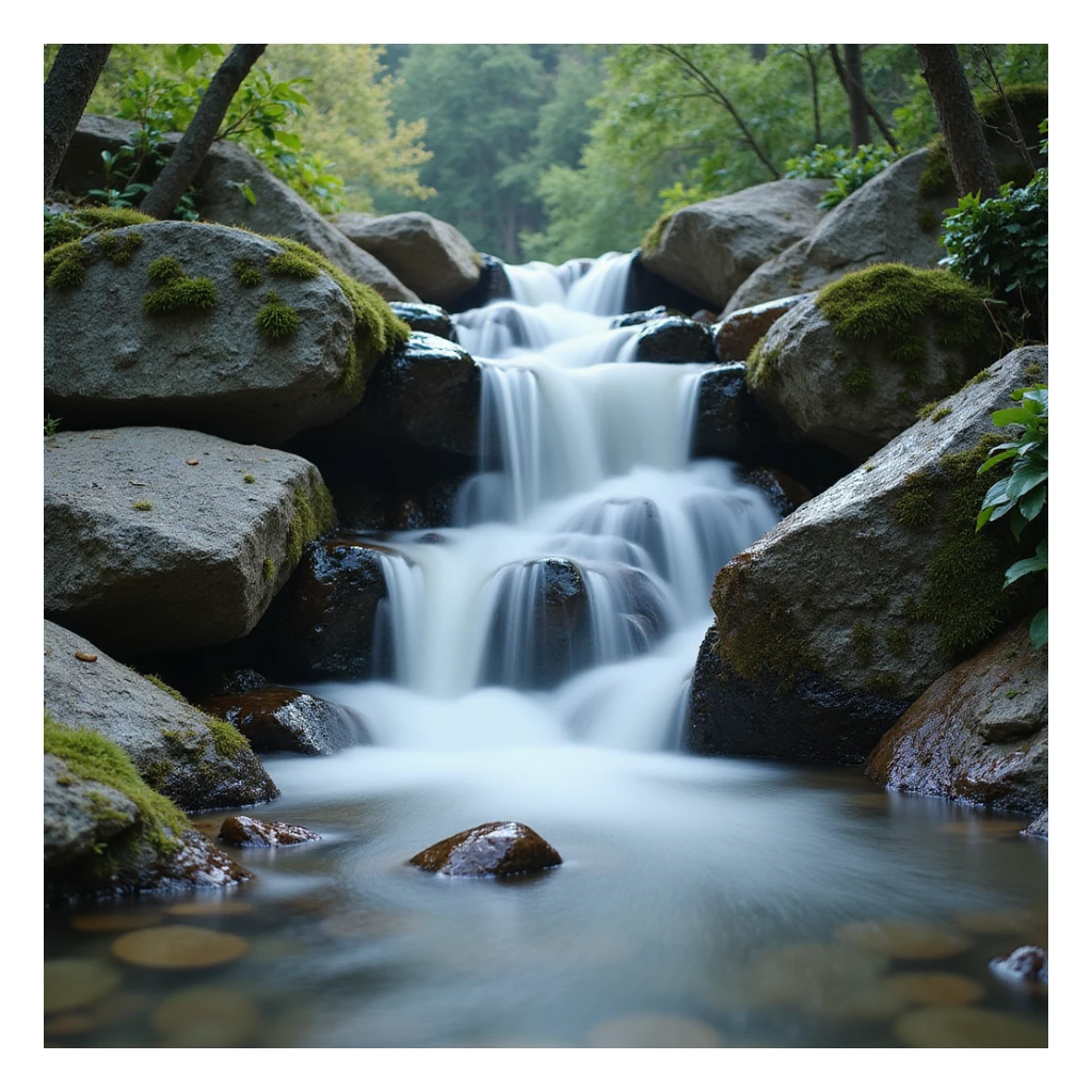 realistic waterfall with water falling between rocks and surrounding vegetation sticker