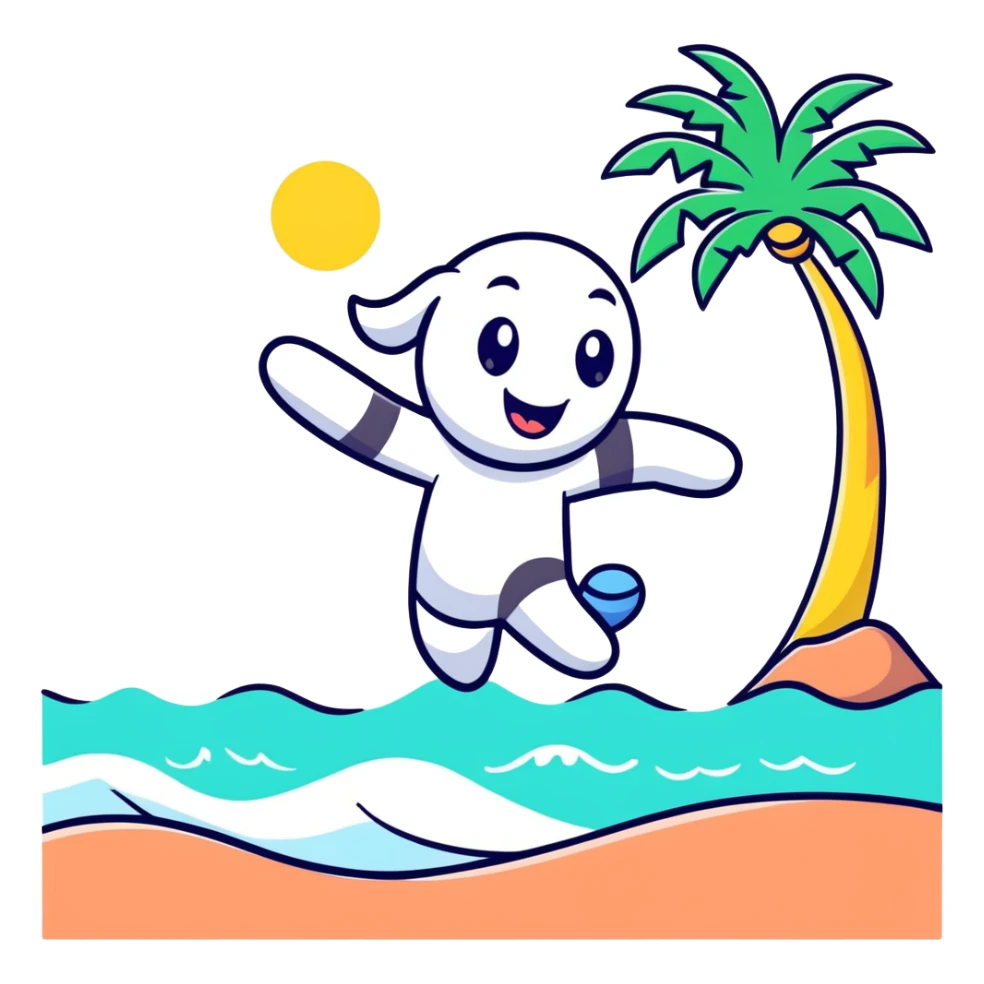 Fun cartoon character jumping happily on beach with waves and palm tree, bright colors sticker