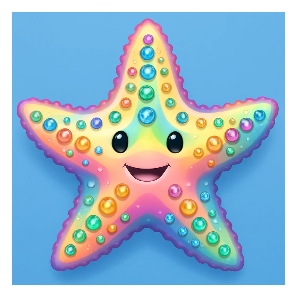Add a soft blue background behind the apple emoji style rainbow pastel sea star with gems, keep the emoji style and all details. The style should resemble the original apple emoji style with rainbow pastel colors and gem details. sticker