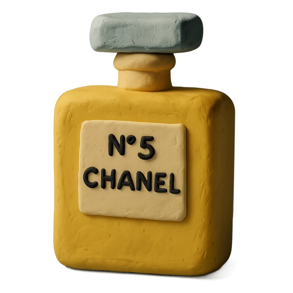 Chanel perfume bottle in a claymation style, soft matte texture, playful details sticker