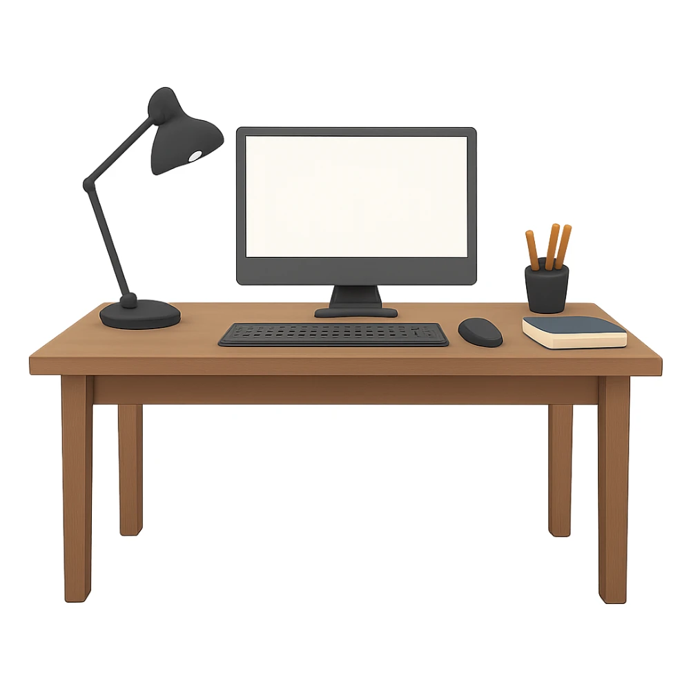 office desk with computer sticker