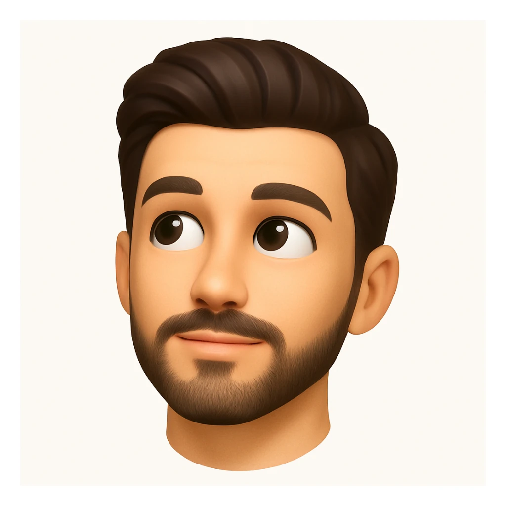 Create a front-facing 3D emoji-style head of a handsome man based on the provided photo. Keep facial features recognizable but stylized like a modern emoji with smooth, clean, and expressive details. The eyes should look slightly upward, as if thinking or imagining. Only the head is shown, no body. Use soft 3D shading and a white background. No text included. sticker
