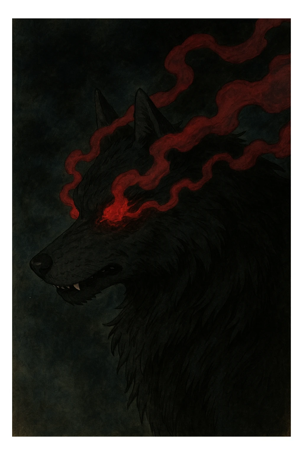 a black wolf head with red smoke eyes, dark fantasy illustration style sticker
