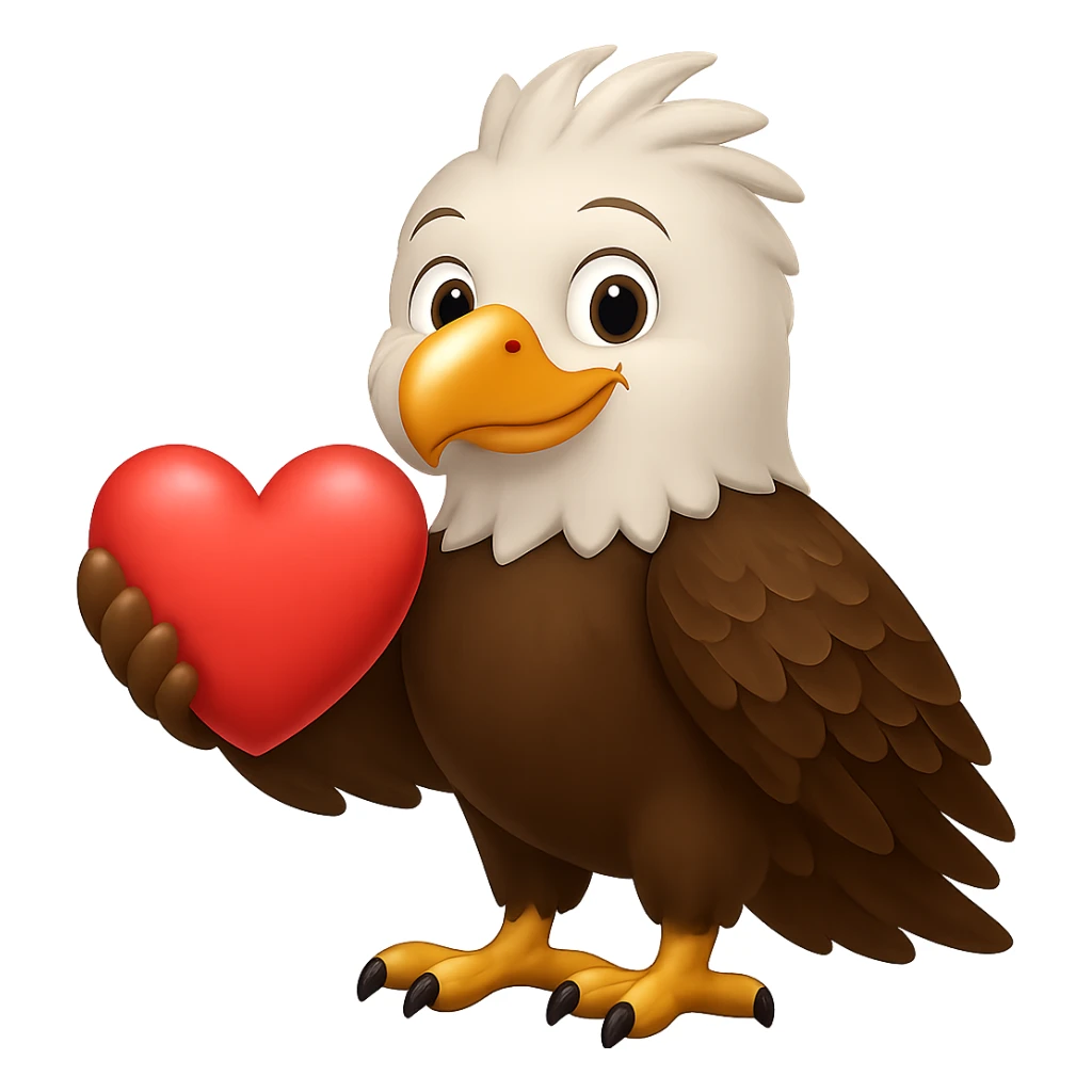 Make the eagle look friendlier while keeping the red heart, preserving the emoji style look. Remove the background. sticker
