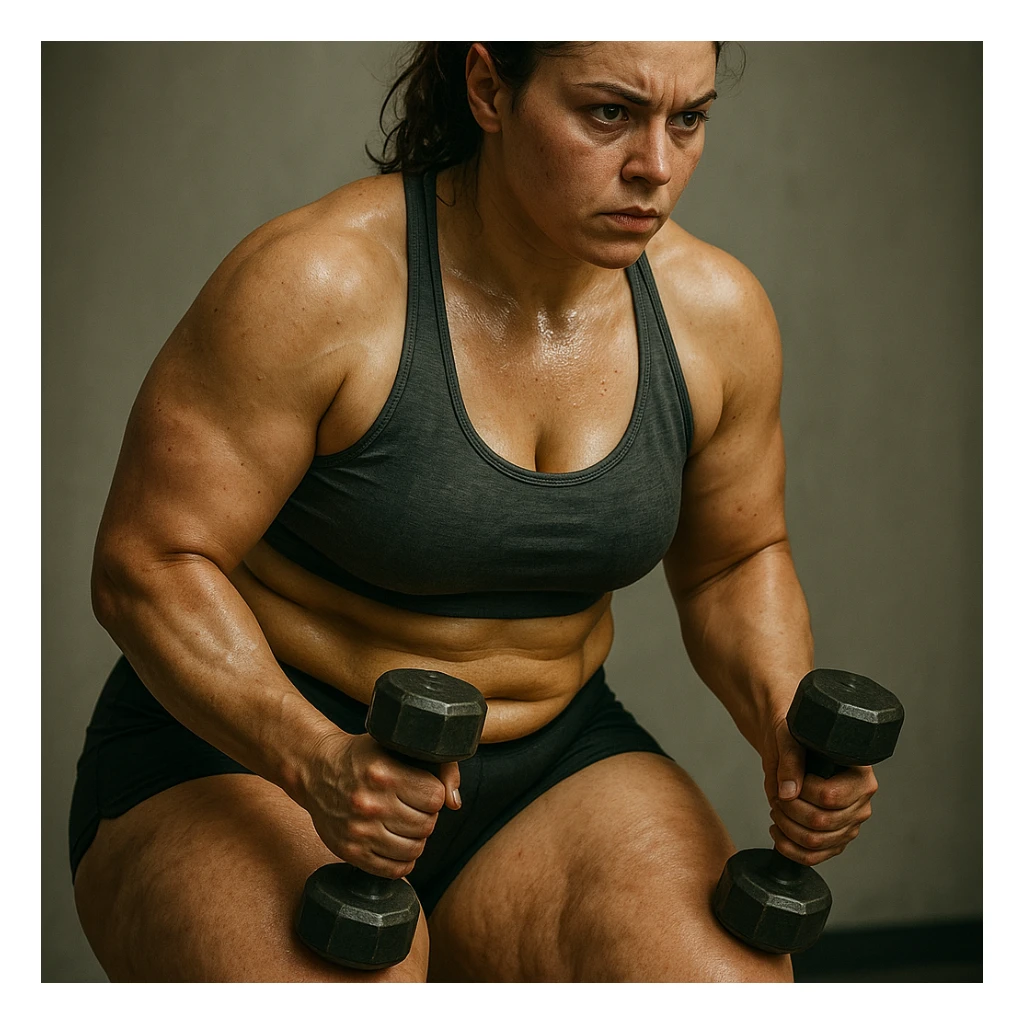 hyper realistic 4K image of a woman training intensely and following a diet, with stubborn fat on legs and thighs, anatomical details, cinematic atmosphere, determined expression, neutral background sticker