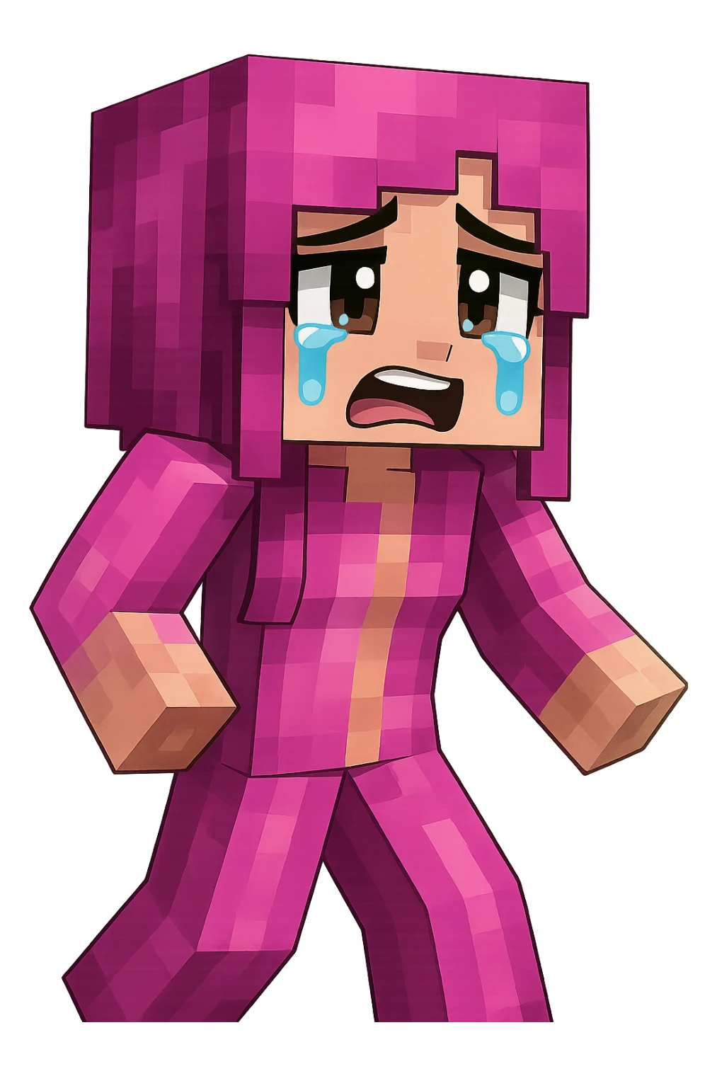 Change the expression of the character to crying/teary-eyed, keeping the style and appearance the same, inspired by playful Minecraft-style expressions. Transparent background. sticker