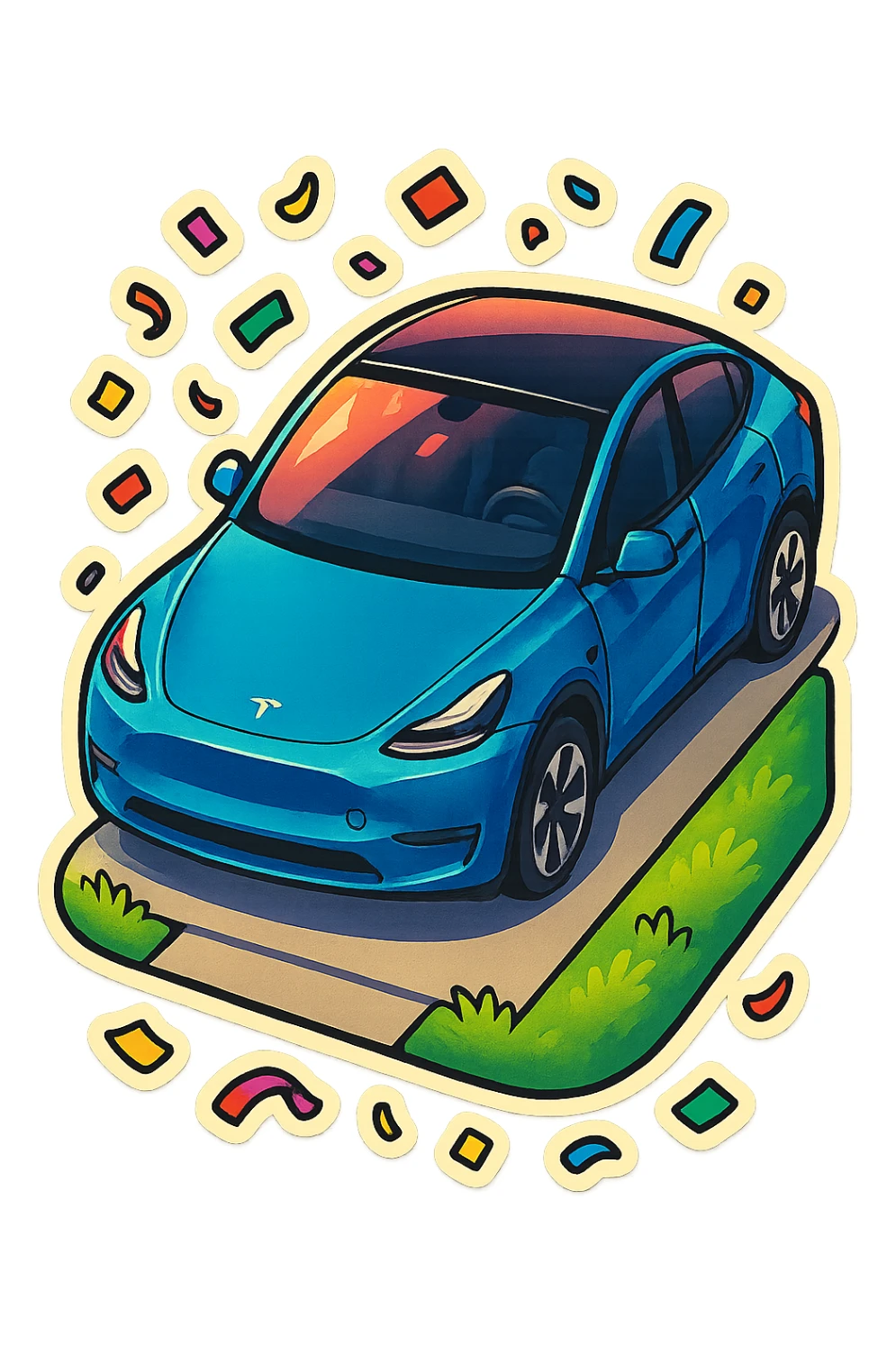 A Tesla Model Y parking in a home driveway with grass on the sides, from above, with confetti sticker
