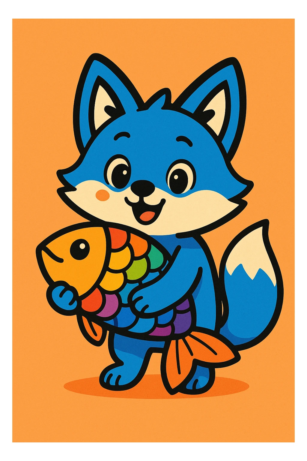 cute blue fox hugging a rainbow fish in vibrant toon style sticker