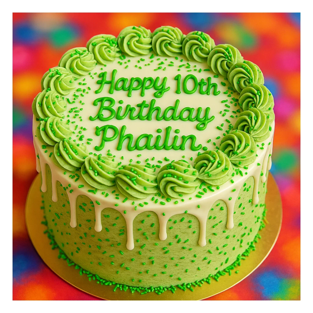 A round matcha white chocolate cake with green sprinkles, vibrant colors, festive and celebratory atmosphere, clear readable writing on top that says 'Happy 10th Birthday Phailin.', decorated cake, bright and colorful. sticker