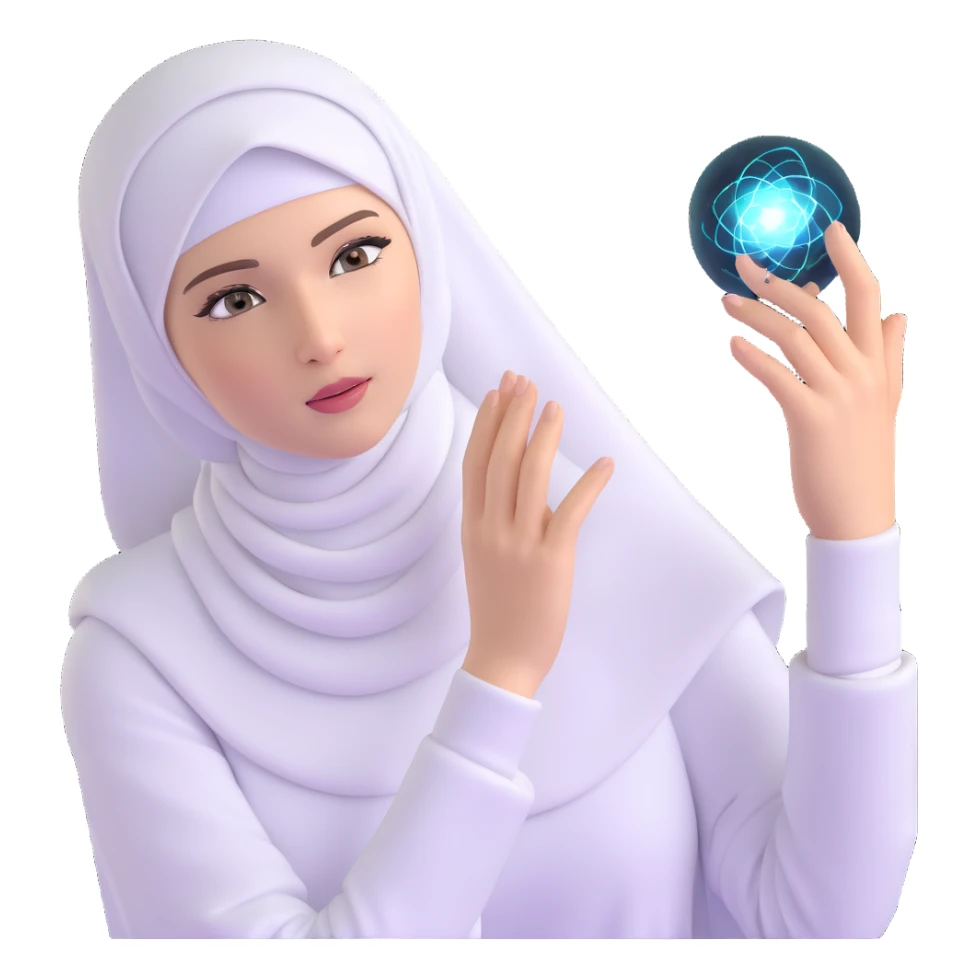 woman with white hijab interacting with holographic metaverse interfaces, augmented reality displays, virtual machine artifacts, digital world sticker
