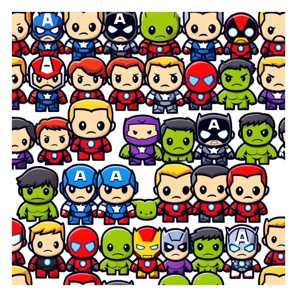 Chibi Avengers team with cute small proportions, big heads, tiny bodies. Include Iron Man, Captain America, Thor, Hulk, Black Widow, and Hawkeye with adorable expressions sticker