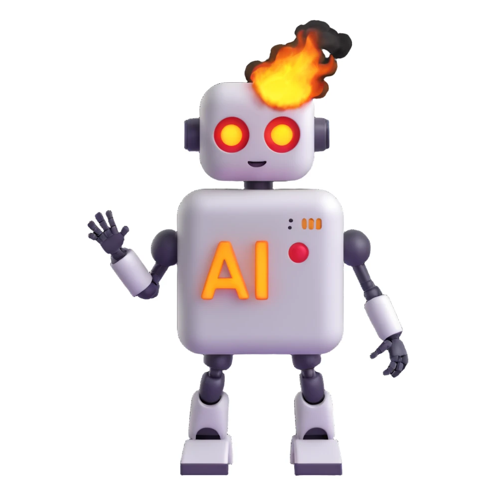 3D emoji style robot with 'AI' on chest, overheating, catching fire, sparks and smoke rising sticker