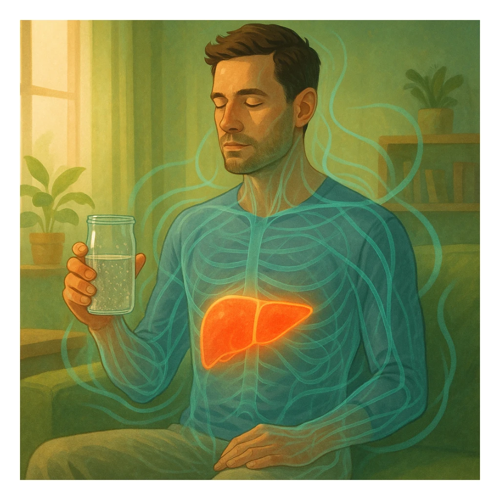 A man in a calm domestic environment, sitting with a transparent bottle or glass in hand containing an Epsom salt solution. He has a focused and aware expression. His body is partially transparent, with the liver highlighted brightly as if in a cleansing phase. Around the body, fluid energetic lines symbolize detoxification. The atmosphere is relaxed and natural, with warm light and green and blue tones representing health and purification. sticker